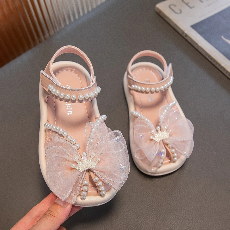 

Kids Fashion Princess Sandals Pearls Lace Bow Elegant Cute Peep-toe Children Casual Girls Mary Janes for Party Wedding Platform