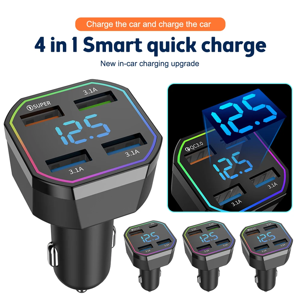 

4 Ports 66W USB Car Charger Fast Charging LED Digital Display QC3.0 PD 20W Type C Car USB Charger For iPhone Xiaomi Samsung