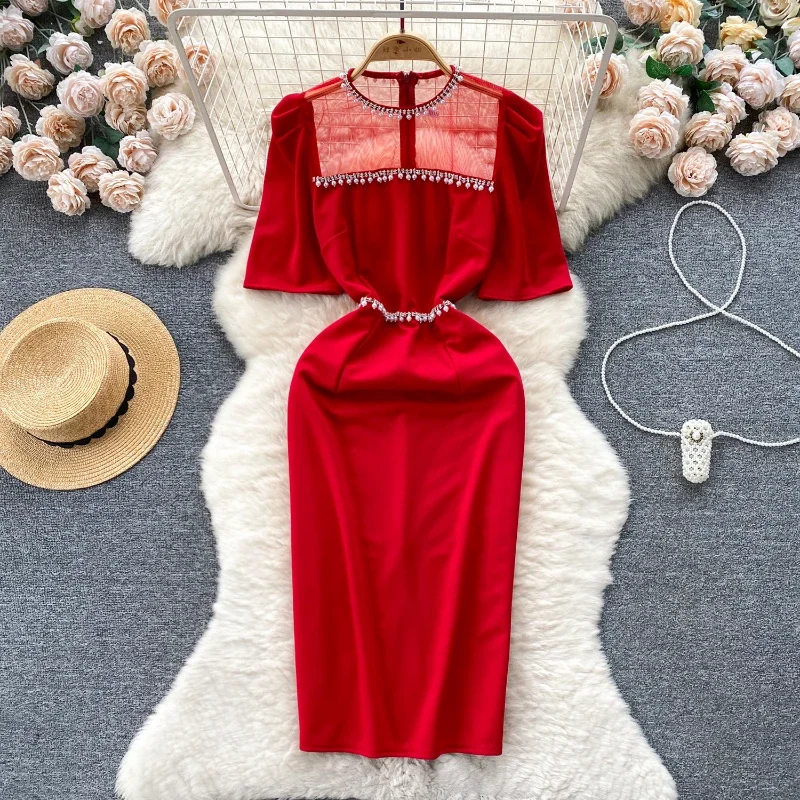 

Scheming See-through Mesh Splicing Heavy Beading Dress Women's High-waisted Slim-fitting Mid-length Skirt Spring and Summer