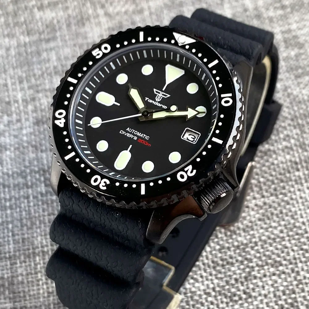 

Black SKX Mod Dive Automatic Watch Men 3.8 Crown Tandorio Selfwinding Wristwatch 120Click Bezel Rubber Band Black Chapter Ring