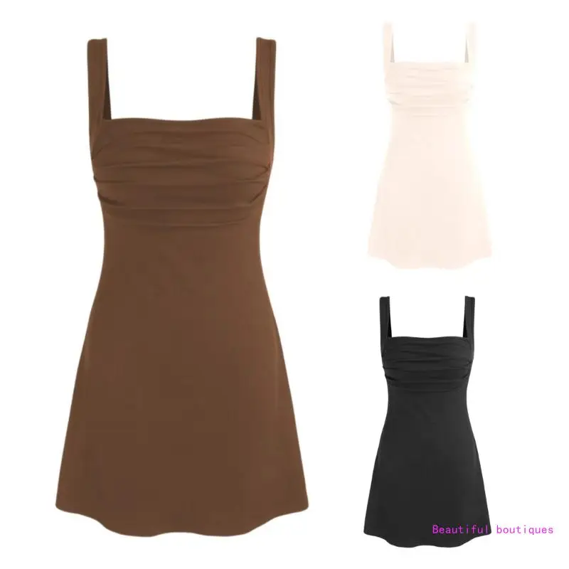 

Women Sexy Square Neck Sleeveless Ruched Bodycon Top Short Dress Cutout Backless A Line Flared Club Party Dresses DropShip