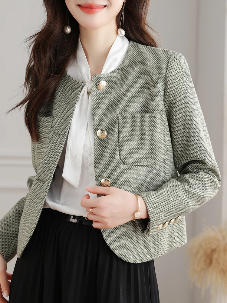 

QOERLIN 20% Wool Office Ladies Blazer Elegant Chic Jacket Coat Women O-Neck Long Sleeve Pocket Blazer Korean Fashion Short Coat