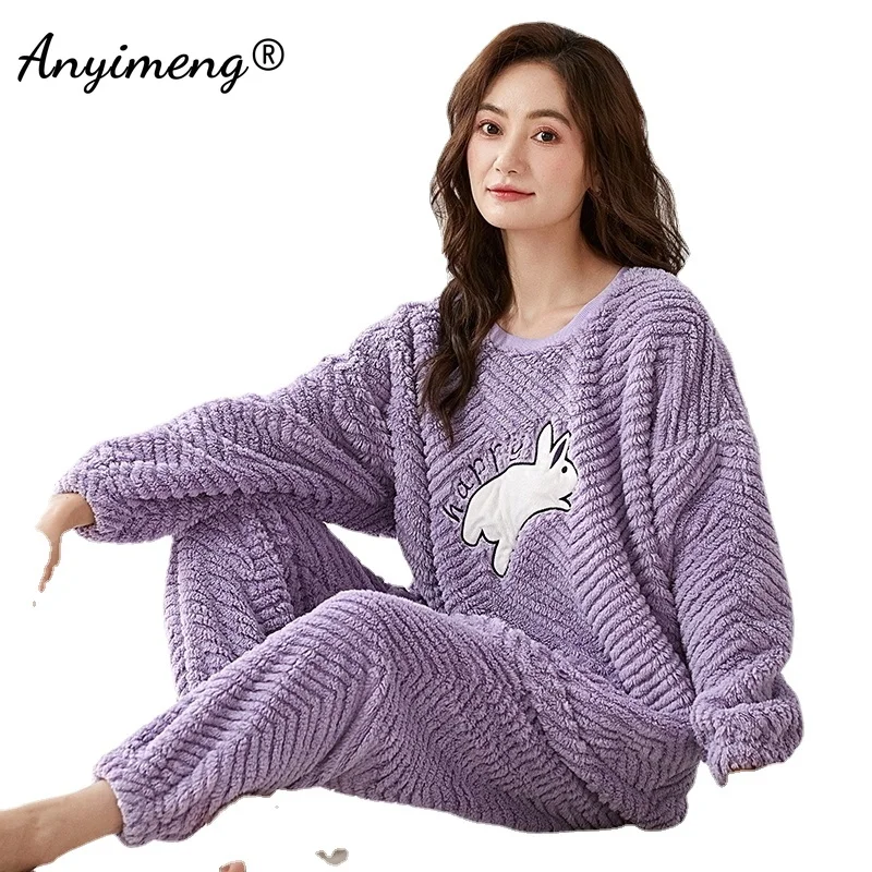 

Teddy Homewear Herringbone Thick Coral Fleece Winter Woman Pajamas Set Long Sleeves Fluffy Sleepwear Casual Girl Velvet Pijamas