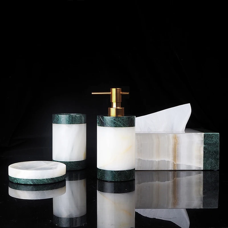 Dark Green and White Onyx Natural Marble Bathroom Accessories Sets Luxury Toothbrush Holder Cup Soap holder Soap Dispenser Tray
Dark Green and White Onyx Natural Marble Bathroom Accessories Sets Luxury Toothbrush Holder Cup Soap holder Soap Dispenser Tray