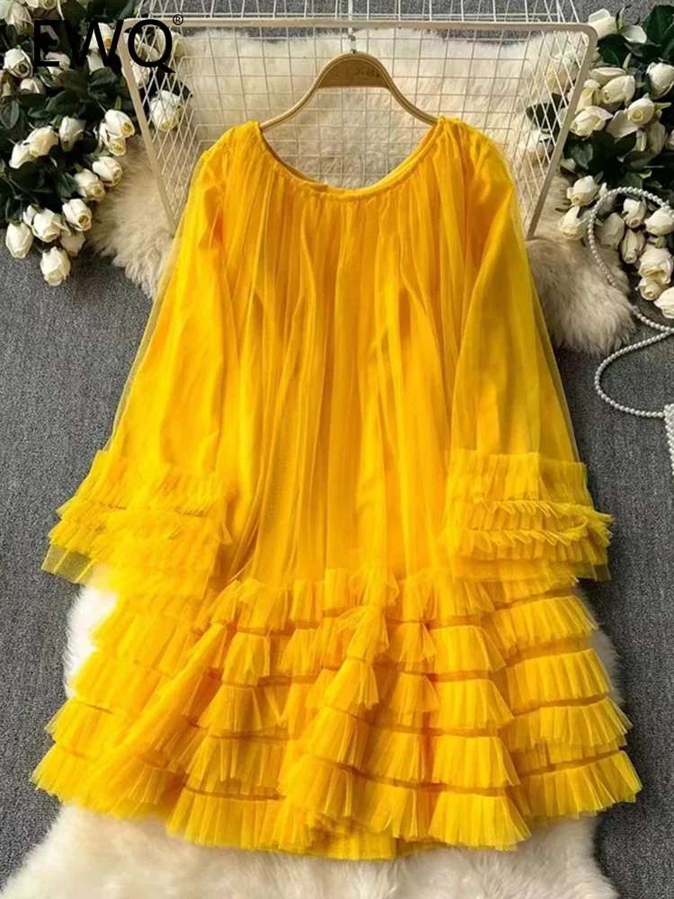 

EWQ Gauze Spliced A-line Dress Women Casual Round Neck Loose Solid Color Mid Length Dresses Fashion 2024 Summer New 27C283
