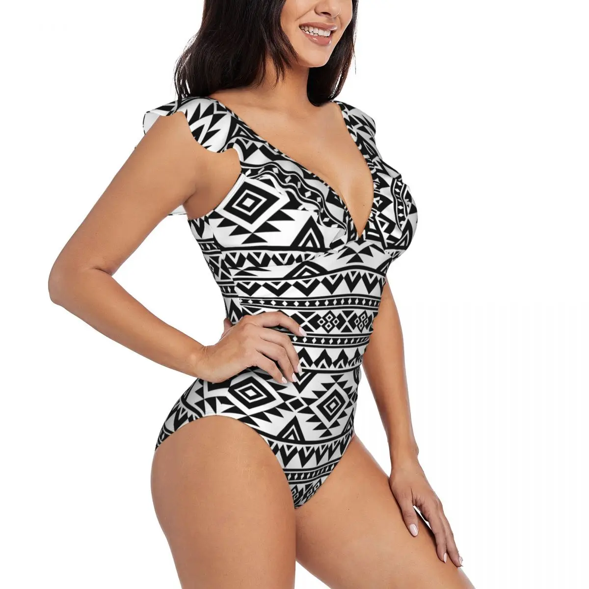 

Sexy One Piece Swimsuit Push Up Swimwear Black And White Tribal Pattern Women Ruffle Monokini Swimsuit Bodysuit Bathing Suit