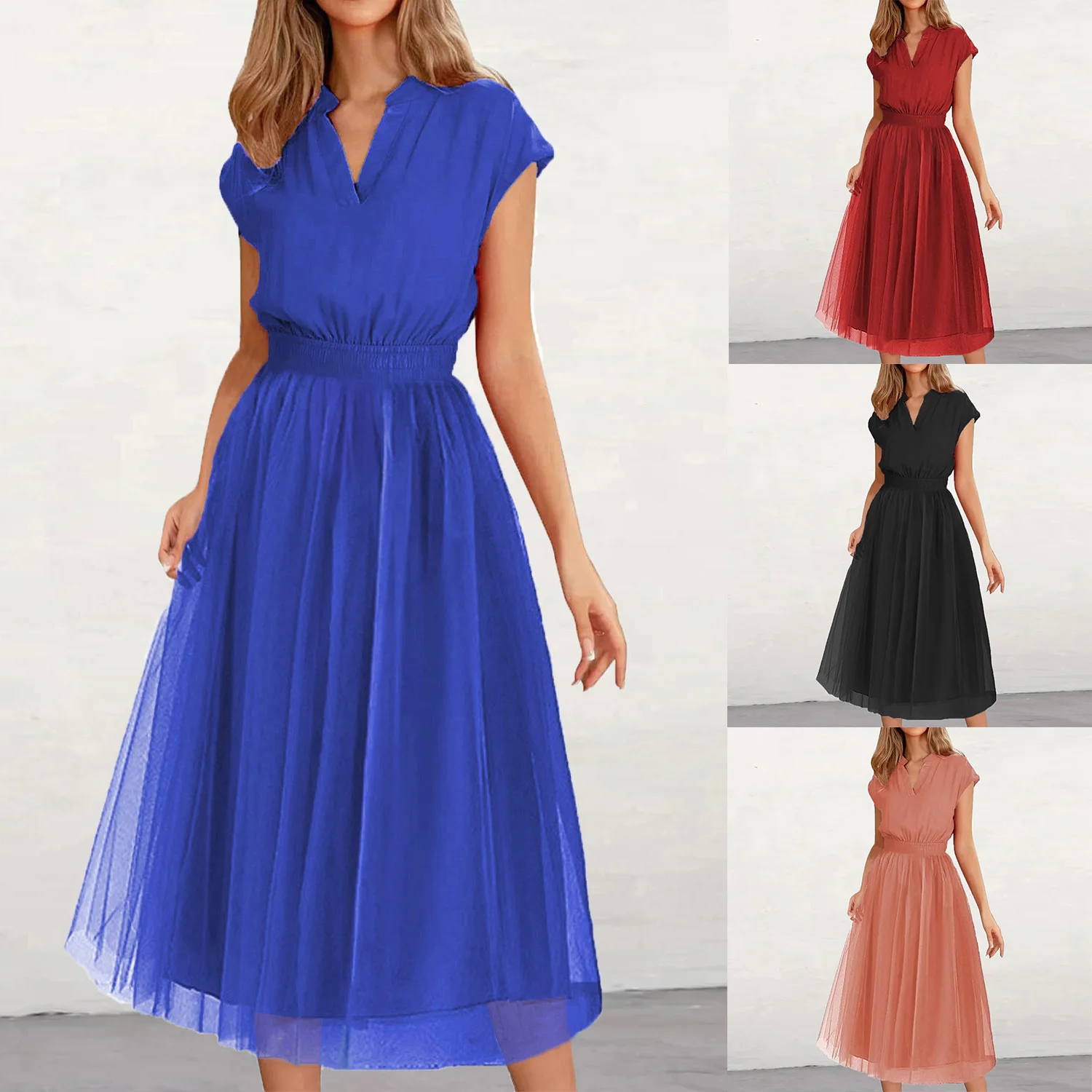 

Royal Blue Solid Silk Summer Long Dress V Neck Belt 2023 Women Summer Elegant Fashion V-neck Tunic Gauze Dress