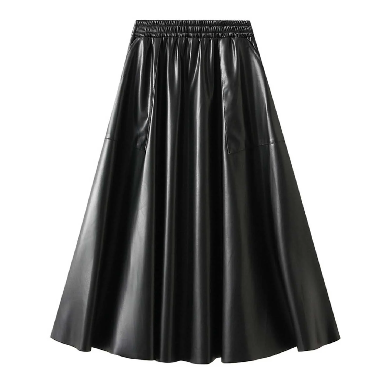 

Classic Fashion Solid Color Faux PU Leather Long Skirts 2024 New Elastic High Waist Ladies Wide Swing Umbrella Skirts