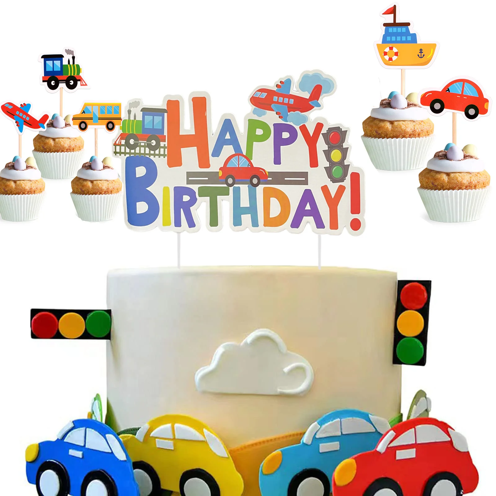 

6 pcs Transportation Cupcake Toppers Bus Car Ship Train Airplane Cupcake Picks Baby Shower Birthday Party Cake Decoration