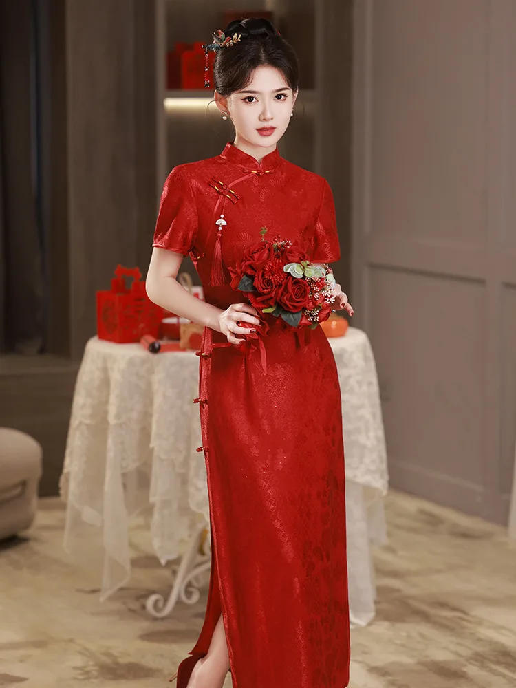 

Женское свадебное платье-Ципао с коротким рукавом, винтажное длинное кружевное платье в китайском стиле с воротником-стойкой, лето