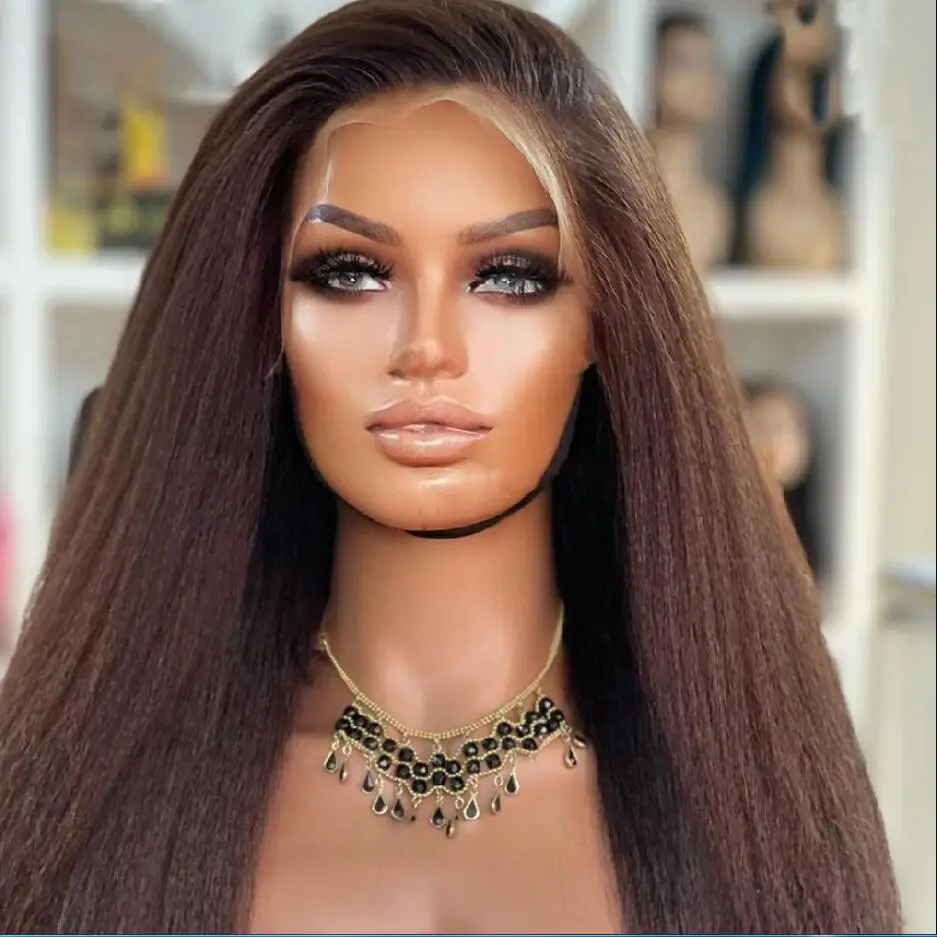 

Yaki Glueless Long Soft 180Density 26“ Brown Kinky Curly Lace Front Wig For Women BabyHair Brown Preplucked Heat Resistant Daily