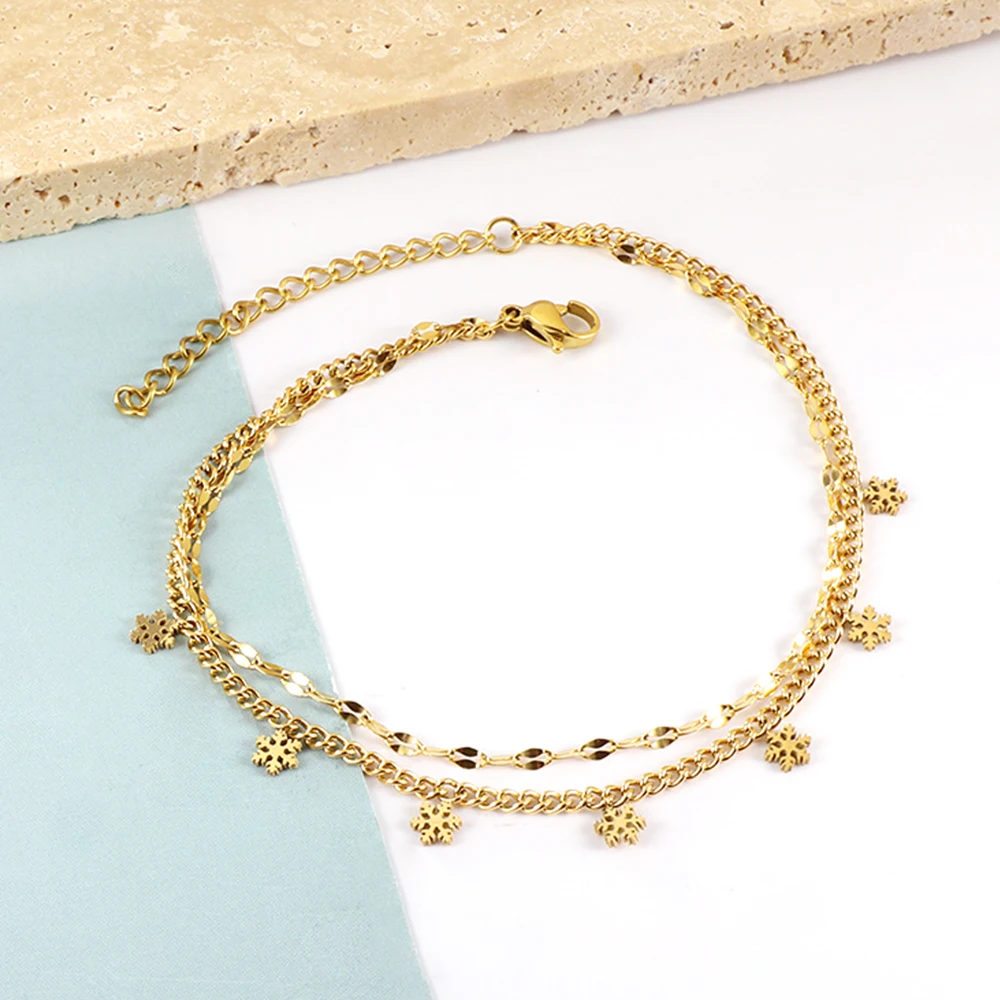 Simple Fashion Gold Plated Snowflake Shape Double Layered Anklets For Women Stainless Steel High Quality Daily Foot Jewelry
Simple Fashion Gold Plated Snowflake Shape Double Layered Anklets For Women Stainless Steel High Quality Daily Foot Jewelry