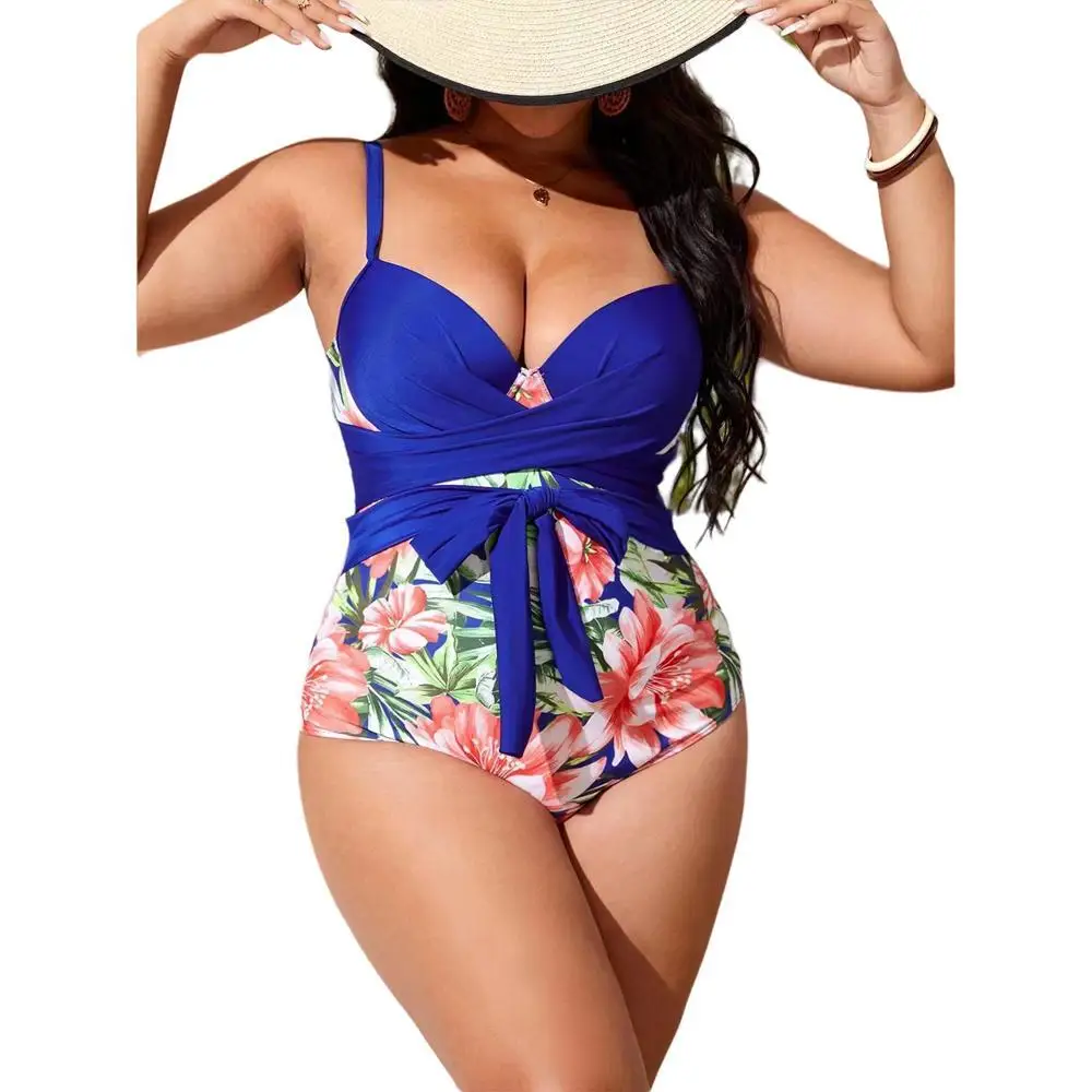 

Tropical Print One Piece Swimwear Women Twist Swimsuit Female Brazilian Lace Up Beach Bathing Suit Summer XL-5XL