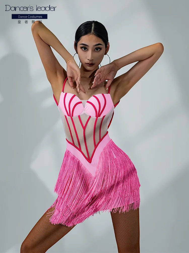 

Latin Dance Dress Women Perspective Sexy Mesh Suspender Fringe Dress Cha Cha Samba Rumba Salsa Dance Performance Clothing