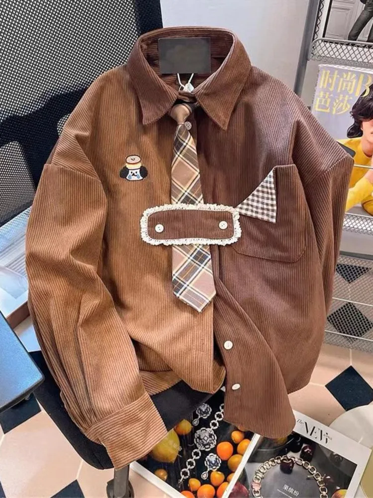 French Retro Corduroy Tie Shirt Contrast Dog Embroidery Plaid Tie Shirt Men Women Spring Fall Harajuku Lantern Corduroy Long
French Retro Corduroy Tie Shirt Contrast Dog Embroidery Plaid Tie Shirt Men Women Spring Fall Harajuku Lantern Corduroy Long
