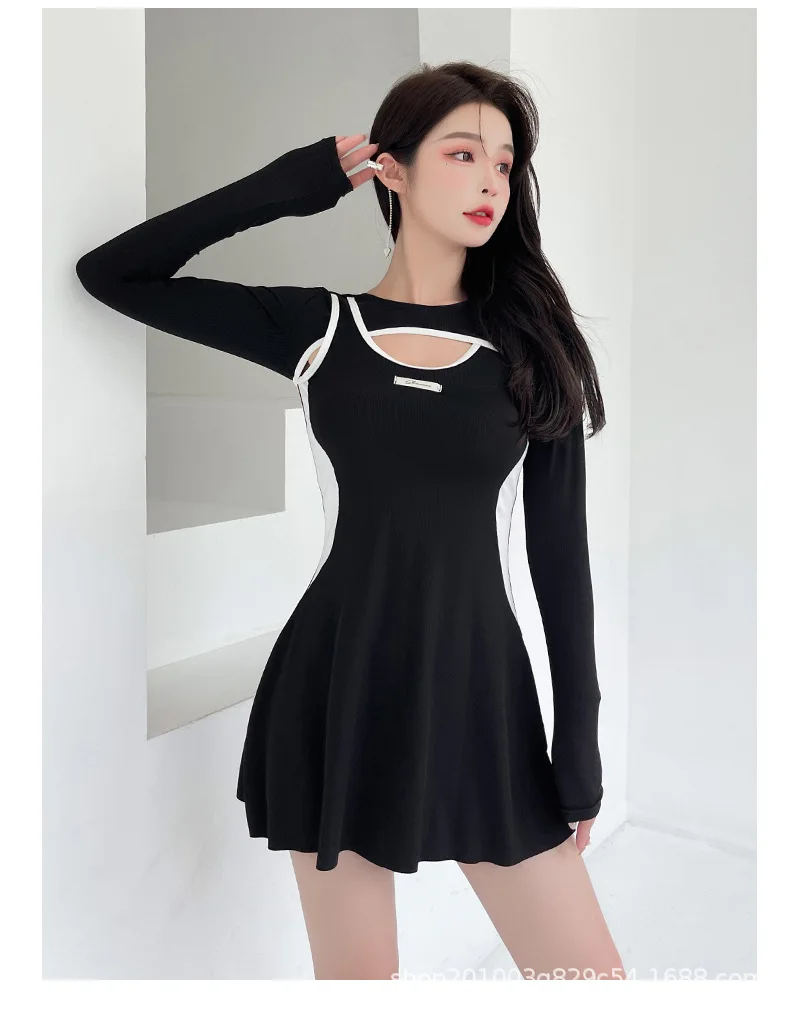 

Swimming Suit Women's Summer Conservative Long-sleeved Sunscreen One-piece Korean Patchwork Skirt High Waist Slim Swimsuit Black