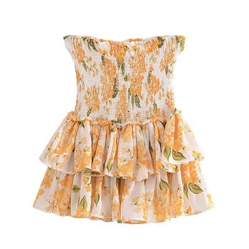 Look Elegante e Romântico com a Saia Vintage Floral da Tonngirls 7 YENKYE 2023 Women French Style Floral Print Cake Mini Skirt Vintage Elastic Waist Female Ruffle Hem Summer Chiffon Skirts