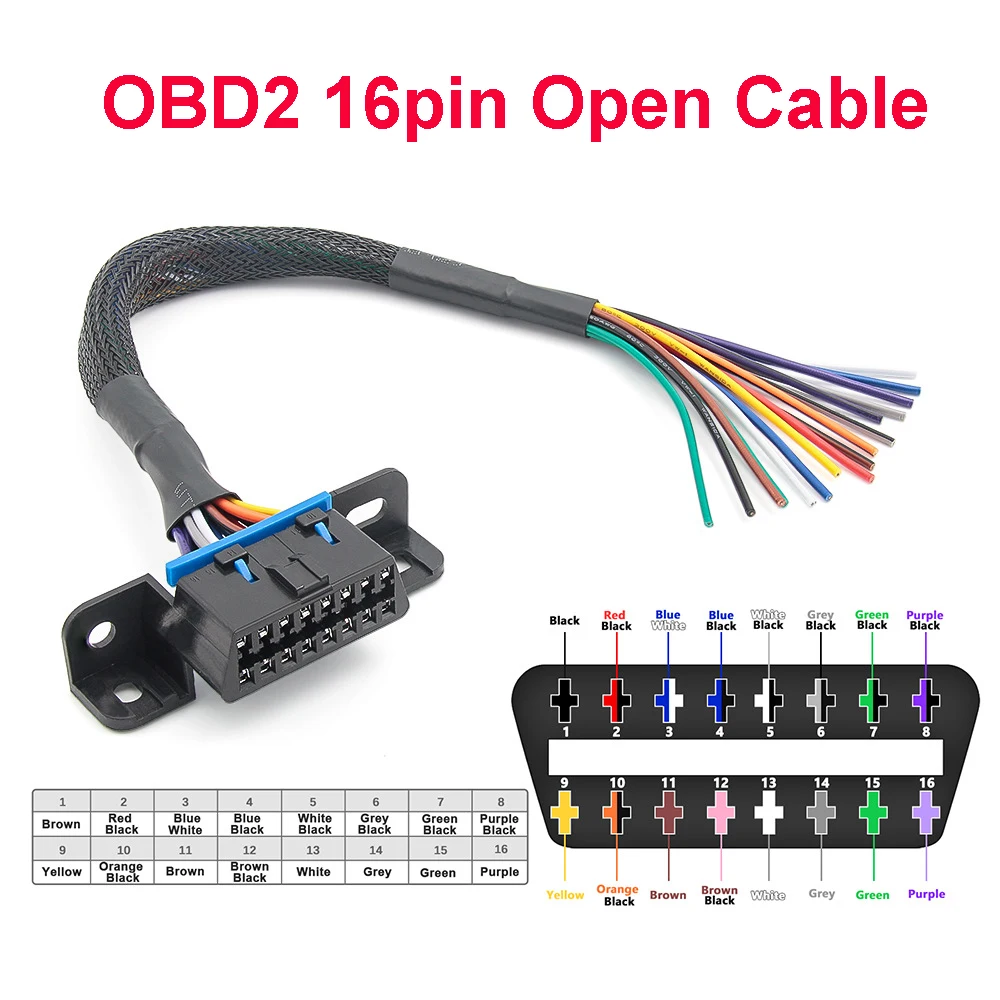 

OBD2 Open Cable 16pin Female Connector to Open OBD Cable 18AWG Fixed Terminal Extension 30cm Colorful DIY Opening Line Adapter
