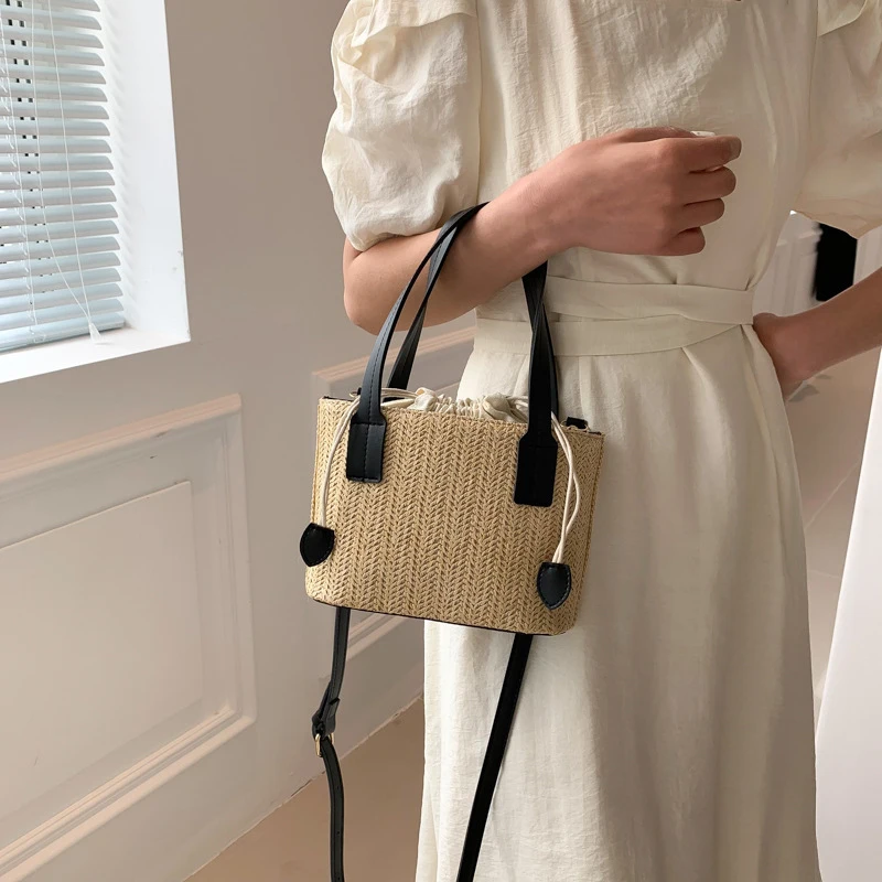 Knit Straw Bucket Tote - Woven Beach Travel Bag with Wrist Handle 13 Sfb434616d50341afa607d62499533e61j