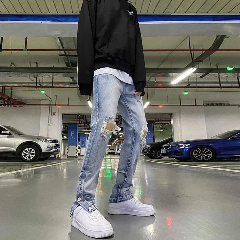 

Male Cowboy Pants Broken with Slits Trousers Ripped Jeans for Men Holes Buttoned Torn Hip Hop Y2k Streetwear 2024 Trend Original
