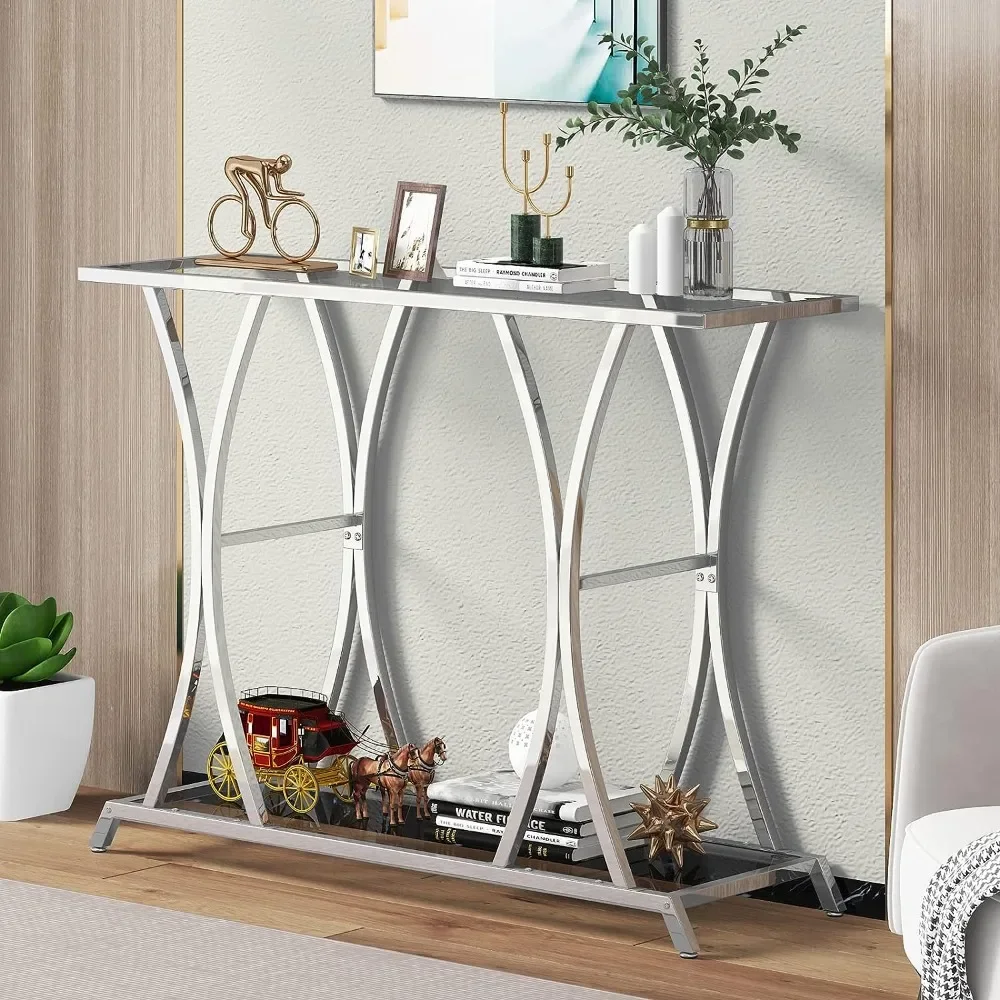 

2-Tier Glass Entryway Table, Console Tables for Entryway with Chrome Frame, Silver Glass Sofa Table for Entryway,