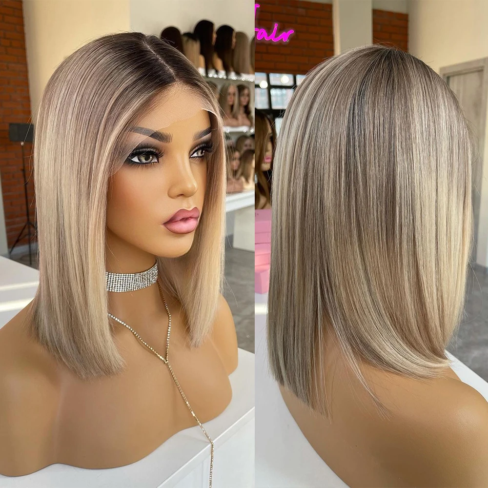 

Short Blonde Bob Wig Balayage Roots Virgin Human Hair Lace Front Wig Ash Blonde HD Invisible Lace Dark Roots 150 Density