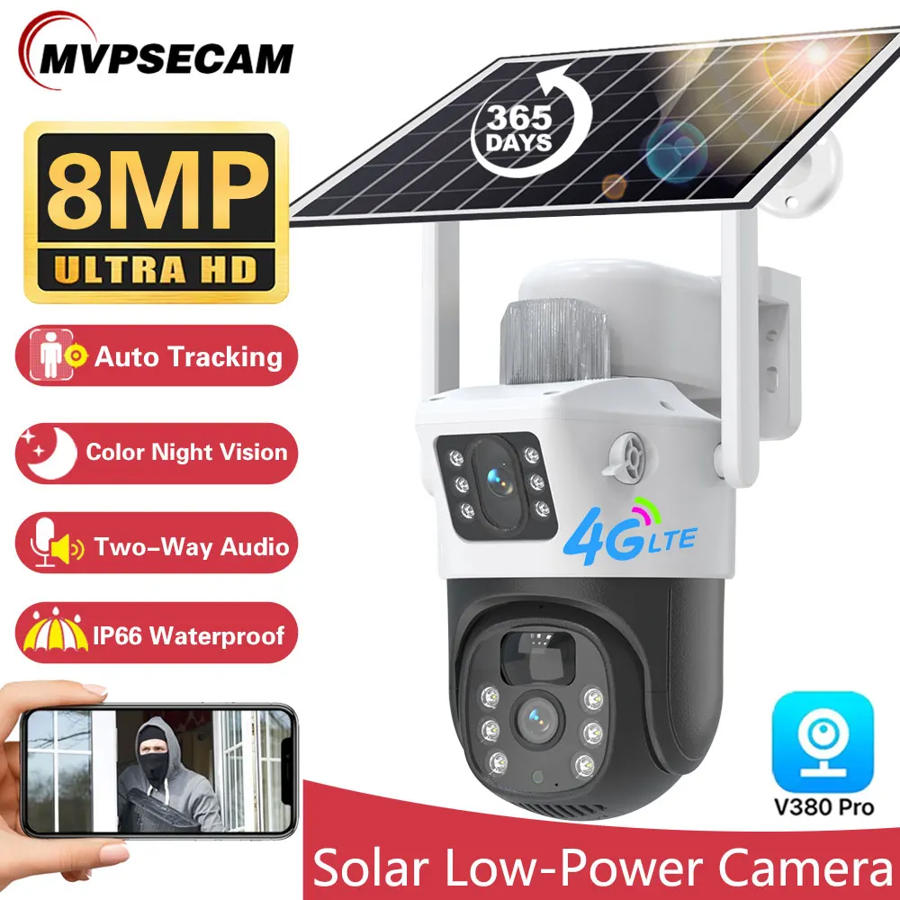 

4K 4G SIM Card Dual Lens Solar Cameras 8MP Wireless Surveillance PTZ Battery Camera Color Night Vision PIR Detection Audio V380