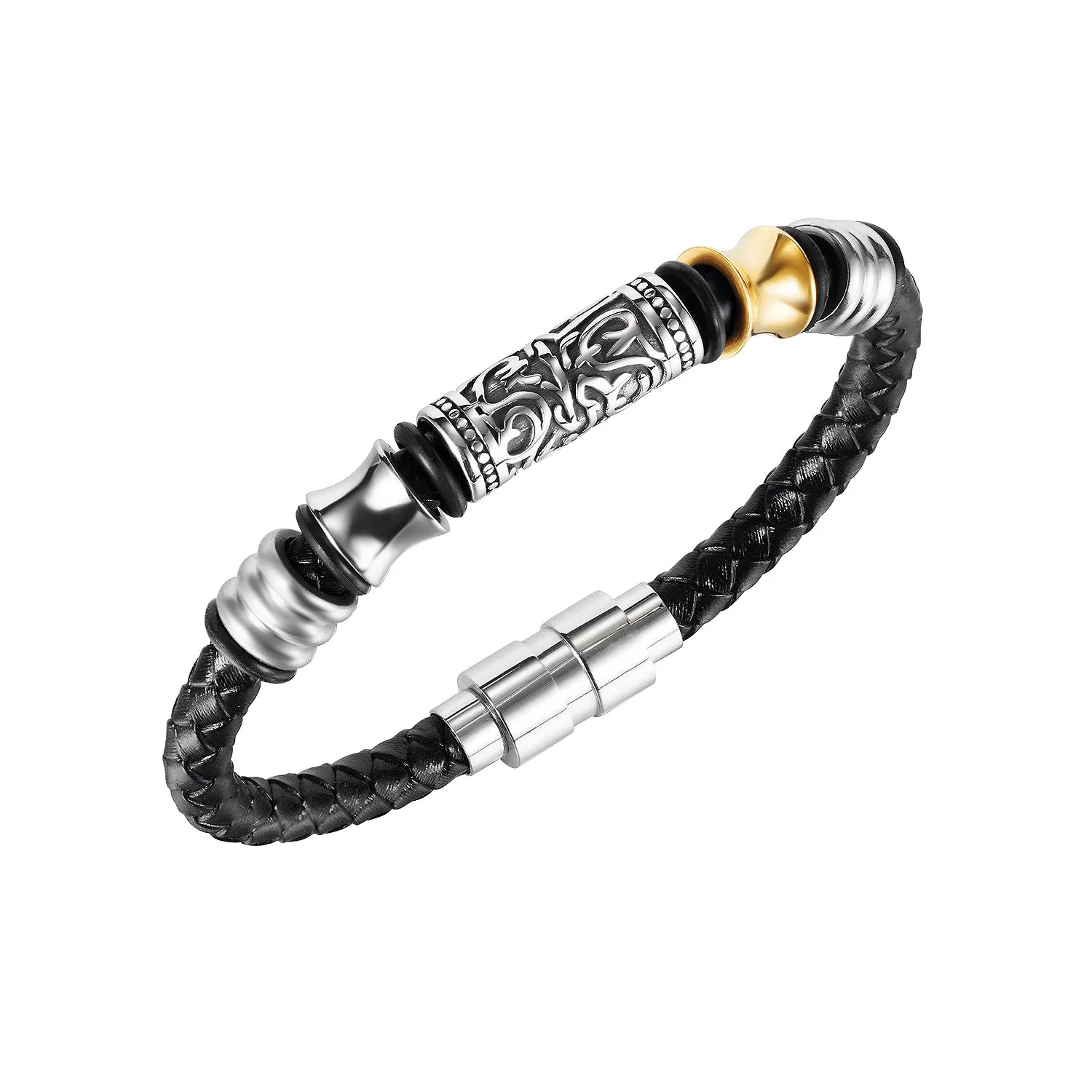 

New fashion jewelry in Europe and the United States popular retro braided leather bracelet men's hip-hop street stainless steel