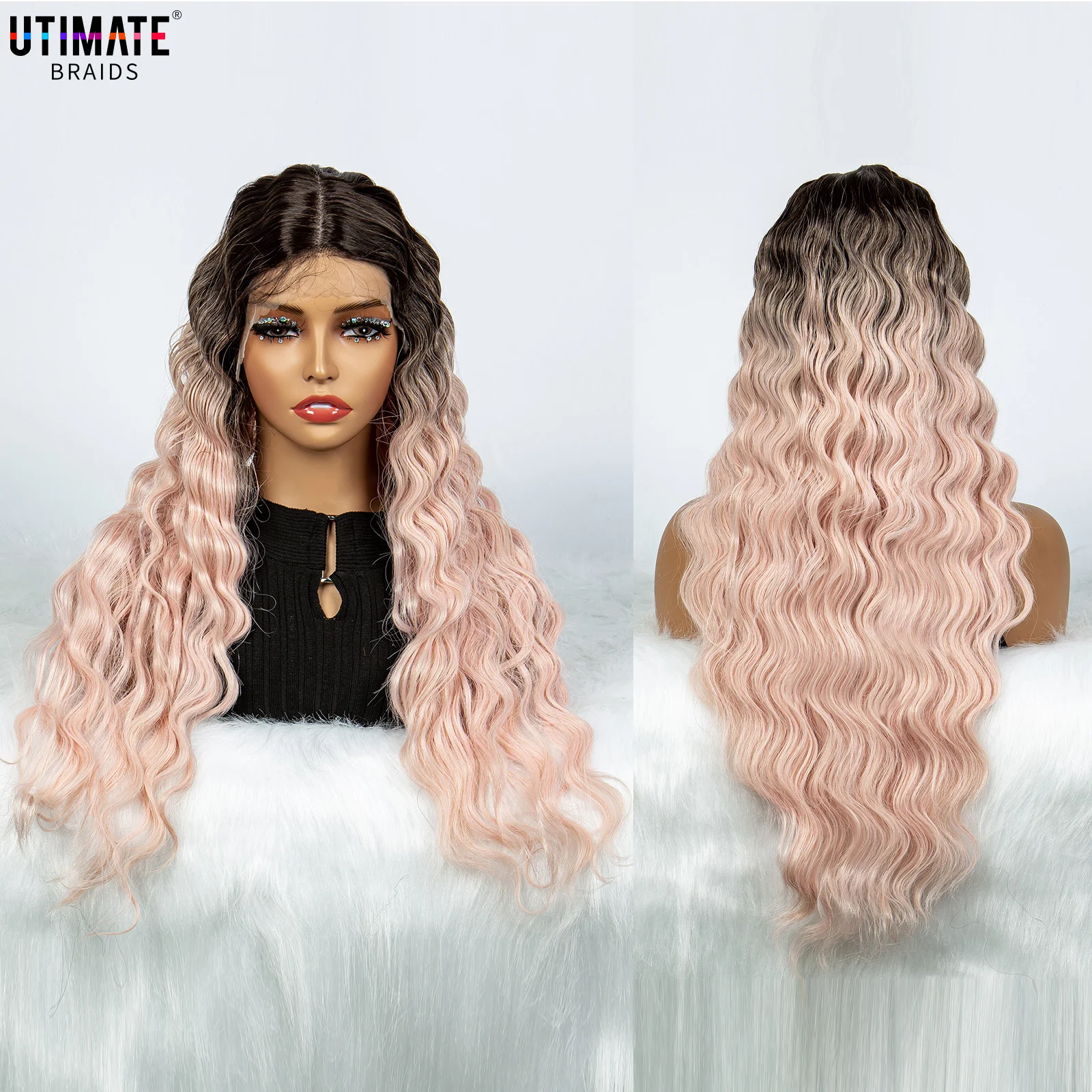 

Pink Wig for Women Long Ombre Black to Pink Wavy Curly Synthetic Wigs with Bangs Middle Part Dark Roots Layered Hair with Bangs