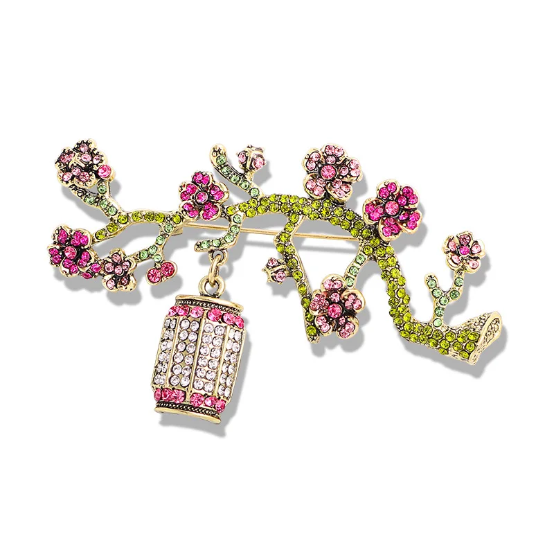 

New Plum Blossom Brooches Retro Rhinestone Flower Branch Lantern Trendy Potted Plant Brooch Pin For Women Luxury Party Jewelry