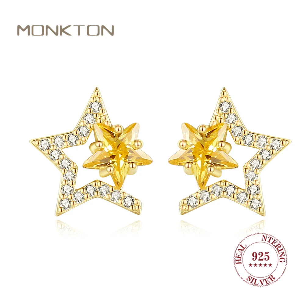 

Monkton 925 Sterling Silver Double Shining Star Stud Earrings Gold Plated Platinum Fine Jewelry for Women Wedding Gift