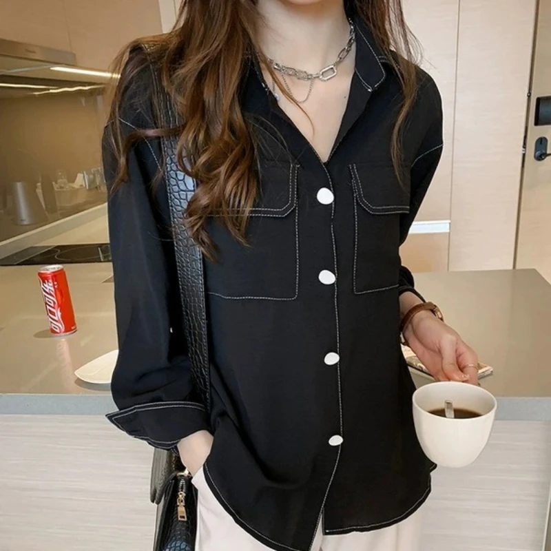 

Женская рубашка на пуговицах, белая блузка с длинным рукавом и пуговицами, Роскошный дизайнерский элегантный Молодежный топ черного цвета