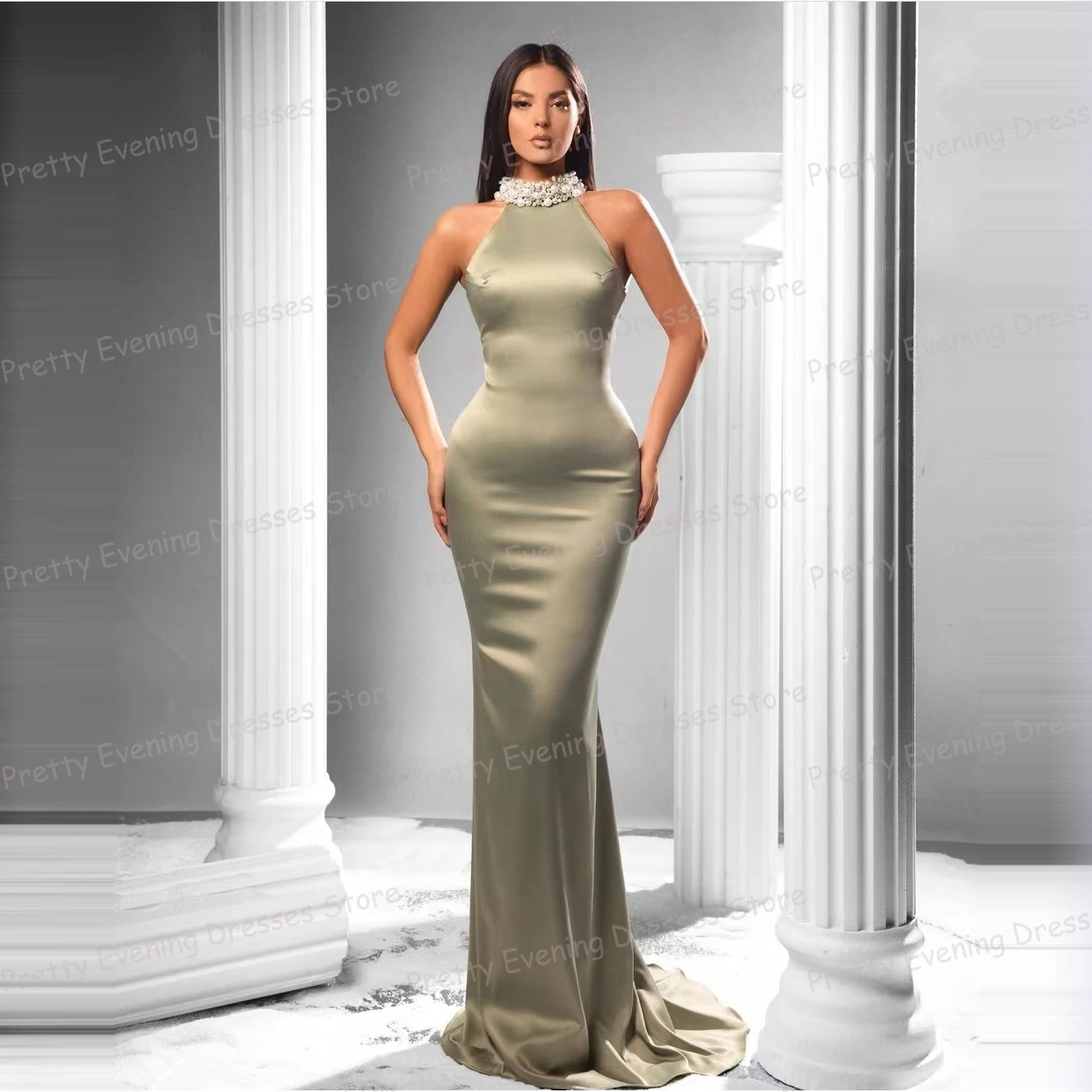 

Женское атласное вечернее платье-русалка, элегантное блестящее платье с высоким воротом и открытой спиной, без рукавов, для выпускного вечера и вечеринки, 2024