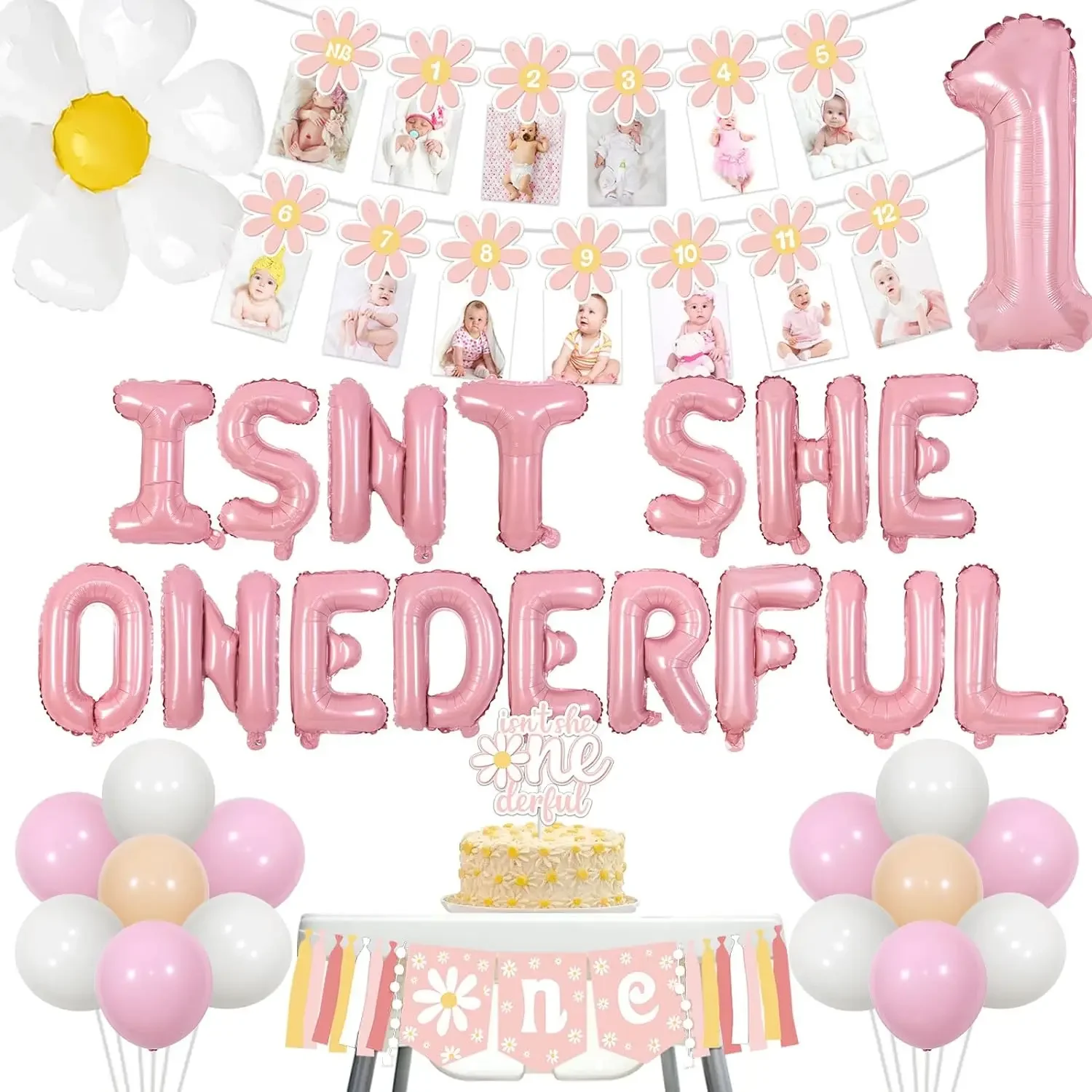 

Daisy decoration for 1st birthday, party supplies, happy birthday, with a number of balloons and a high chair banner