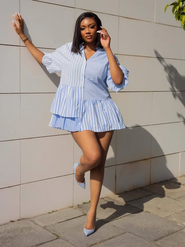 Color Block Striped Panelled Women's Shirt Short Dress Early Fall Turn Down Collar Half Sleeve Single Breasted Loose Blouse Robe
Color Block Striped Panelled Women's Shirt Short Dress Early Fall Turn Down Collar Half Sleeve Single Breasted Loose Blouse Robe