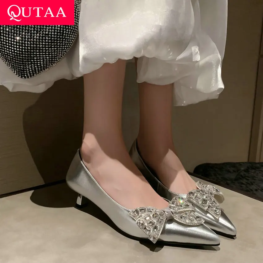 

QUTAA 2024 Women Pumps Thin Med Heels Pointed Toe Crystal Genuine Leather Basic Office Lady Working Pumps Shoes Woman Size 34-39