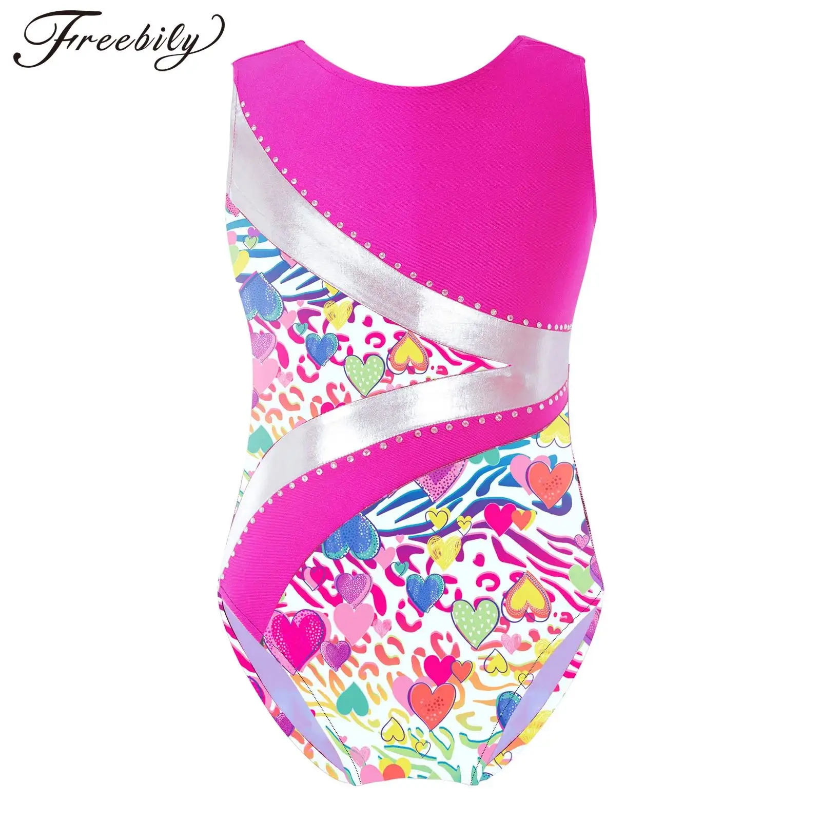 

Kids Girls Ballet Gymnastic Leotards Round Neckline Bronzing Cloth Striped Pattern Print Shiny Rhinestone Figure Skating Costume