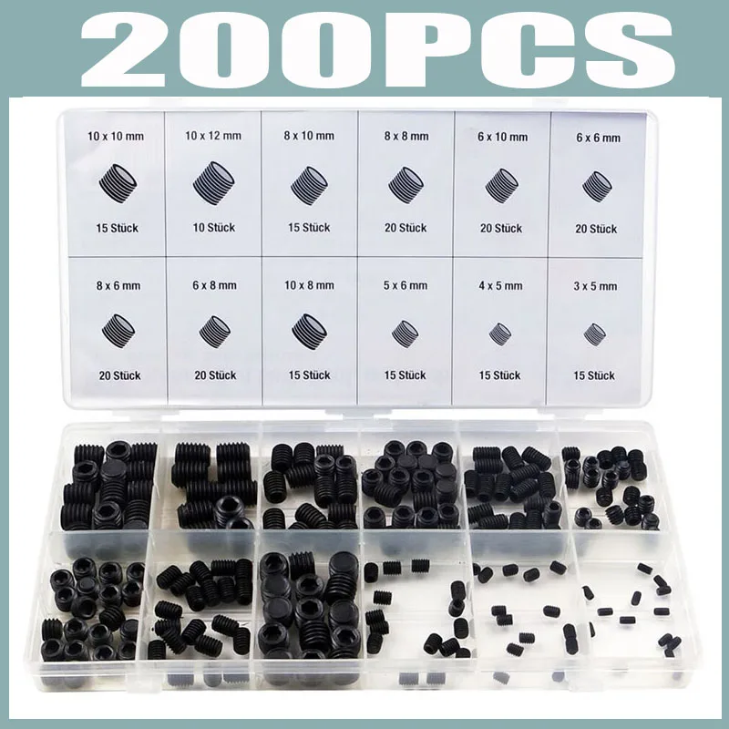 200pcs Flat Point Set Allen Head Socket Hex Set Grub Screw Assortment Cup Point Carbon Steel M3/M4/M5/M6/M8/M10
200pcs Flat Point Set Allen Head Socket Hex Set Grub Screw Assortment Cup Point Carbon Steel M3/M4/M5/M6/M8/M10