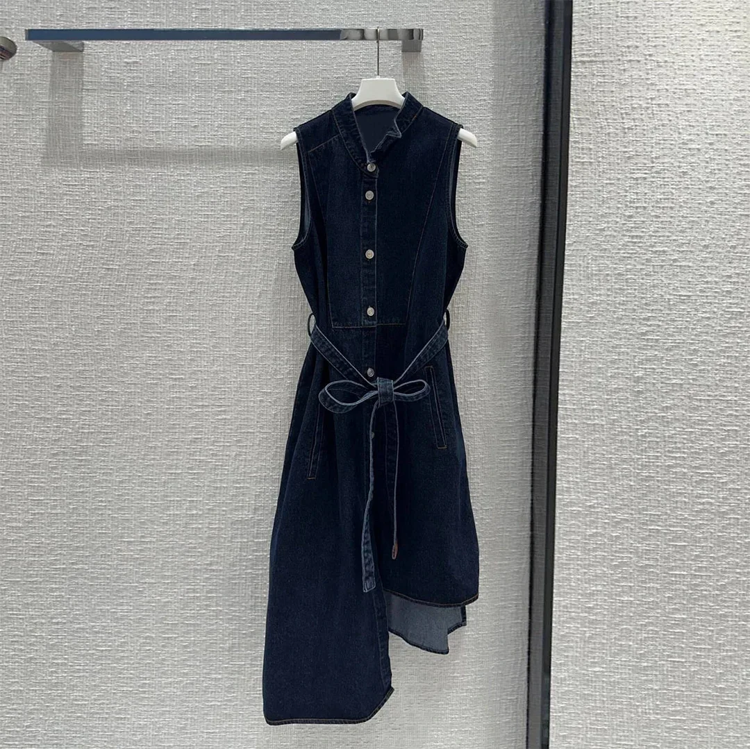 Retro 100% Cotton Blue Denim Dress Women Stand Collar Sleeveless Single Breasted High Waist Belt Asymmetric Design Long Dresses
Retro 100% Cotton Blue Denim Dress Women Stand Collar Sleeveless Single Breasted High Waist Belt Asymmetric Design Long Dresses