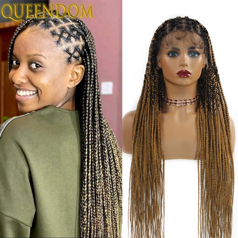 

36 Inch Full Lace Box Braids Long Wig Ombre Blond Synthetic Braided Wig with Baby Hairs Criss Cross Knotless Braid Goddess Wig