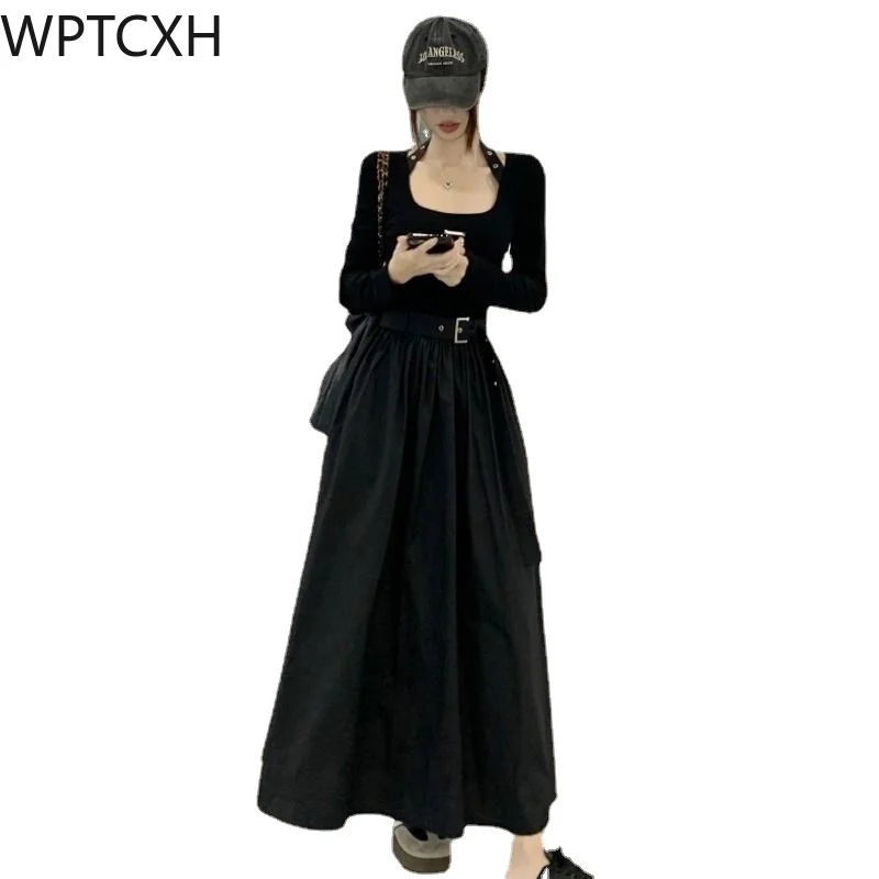 

2024 Spring New Senior Sense Square Collar Long-sleeved Dress Female French Waist Splicing Temperament Design Sense Long Dress