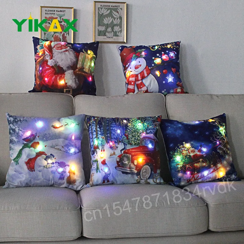 

LED Light Christmas Pillow Cushions Cover Santa Elk Snowflake Xmas Lantern Christmas Glow Pillowcase Winter Holiday Decoration