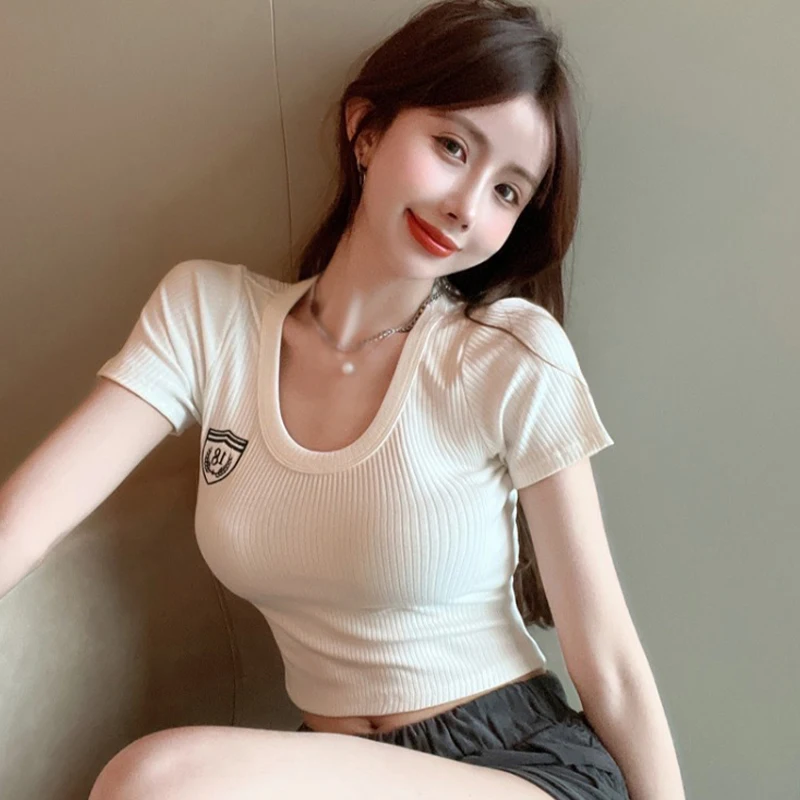 

Женские элегантные футболки в стиле Харадзюку с коротким рукавом, облегающие летние кроп-топы, однотонные сексуальные милые модные корейские милые шикарные повседневные