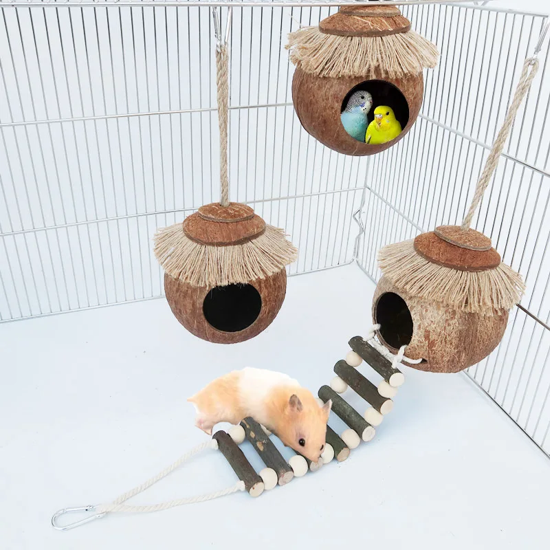 

Bird Nest Parrot Hamster Squirrel Breeding Nest Hemp Rope Weaving Nest Parrot Coconut Shell Nest Hand-Woven Toy With Ladder