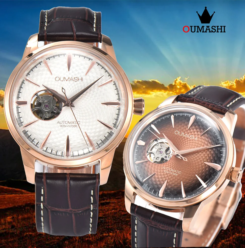 

NH38 Cocktail Automatic Watch Men Waterproof Wristbatch Double Dome Sapphire Crystal Case Dive Clock Date Leather Band Watch