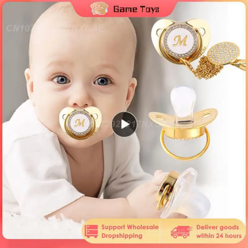 

1PCS Name Initial Letter Baby Pacifier and Pacifier Clips BPA Free Silicone Infant Nipple Gold Bling Newborn Dummy Soother