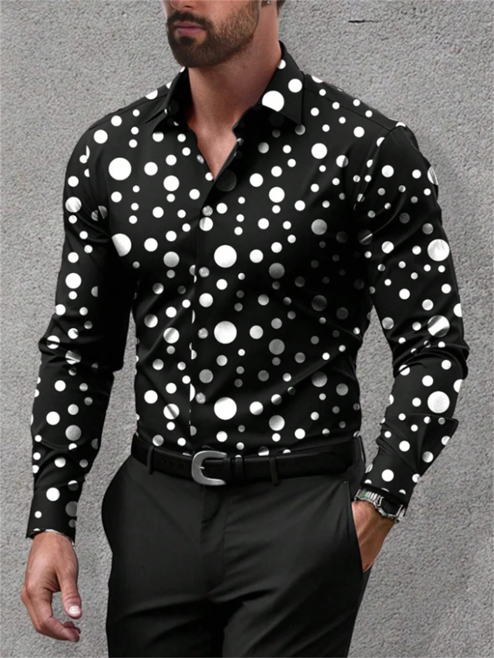 

Men's shirt pattern shirt polka dot collar black white blue purple street casual long sleeve clothing fashion streetwear design