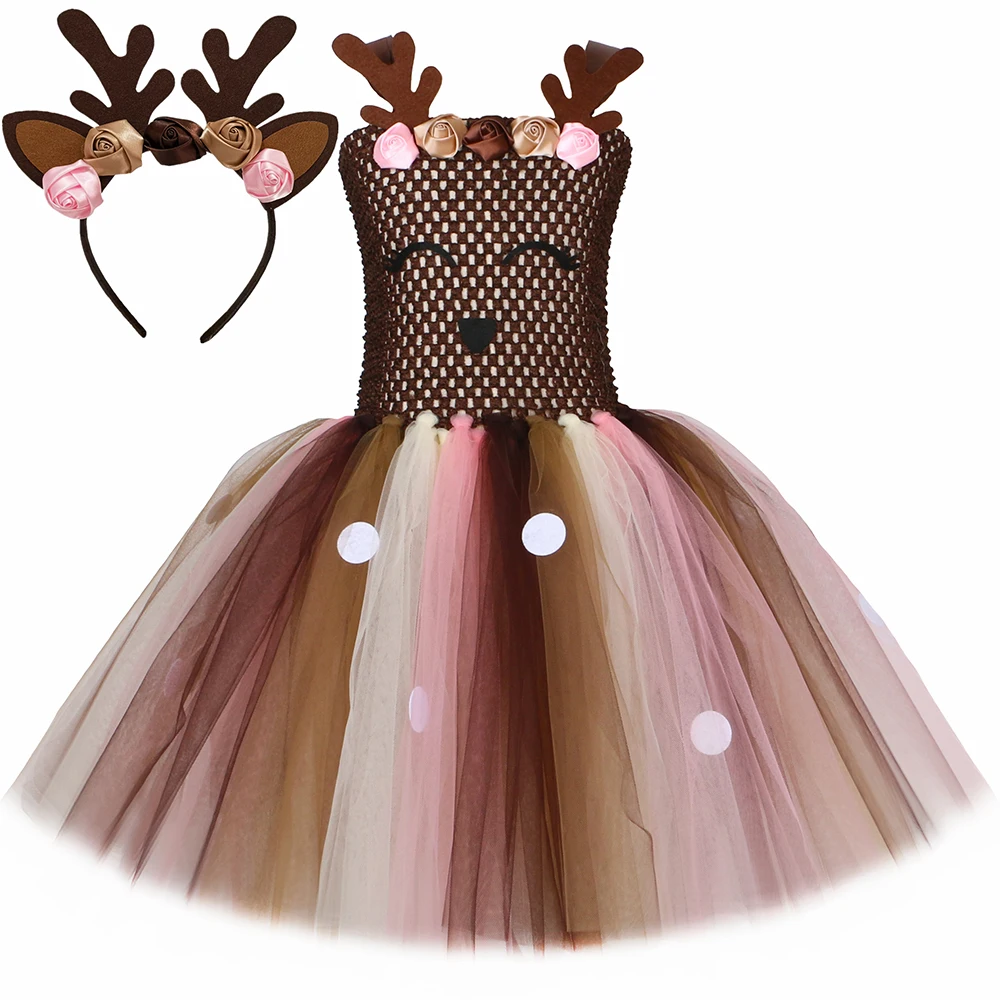 

Cartoon Deer Costume for Girls Christmas Tutu Dress Clothes Flowers Antler Elk Reindeer Costume Kids Halloween Xmas Party Outfit