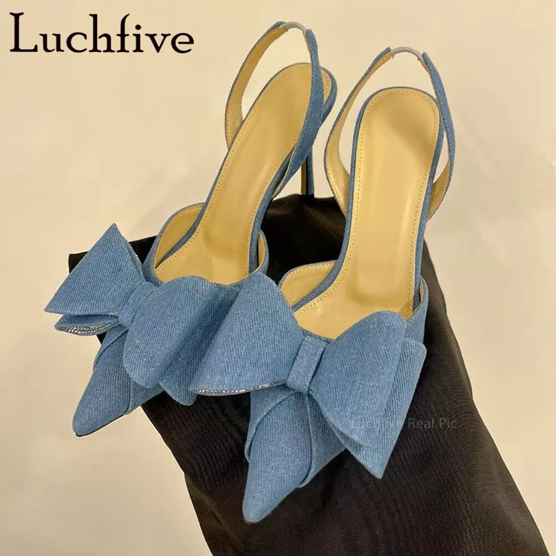 

2023 Summer New Satin Bowknot Decorate Thin High Heels Sandals for Women Slip On Pointed Toe Pumps Sexy Party Shoes Mujer
