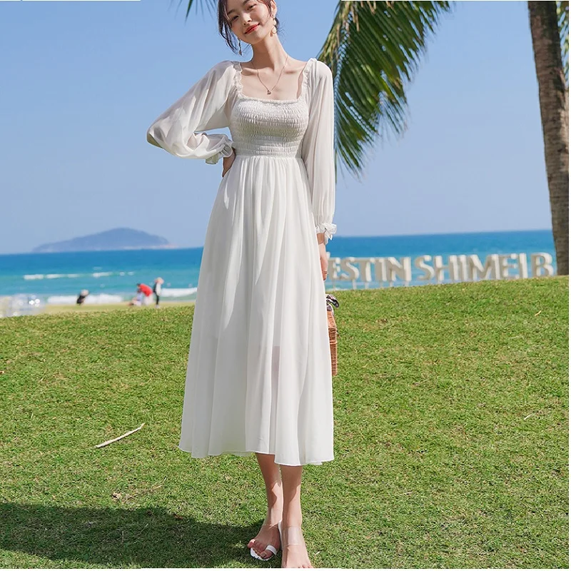 Bridesmaid Beach Dress White Square Neck Long Sleeve Party Dress 2021 Elegant Slim Simple Holiday Mesh Chiffon Maxi Long Dress
Bridesmaid Beach Dress White Square Neck Long Sleeve Party Dress 2021 Elegant Slim Simple Holiday Mesh Chiffon Maxi Long Dress